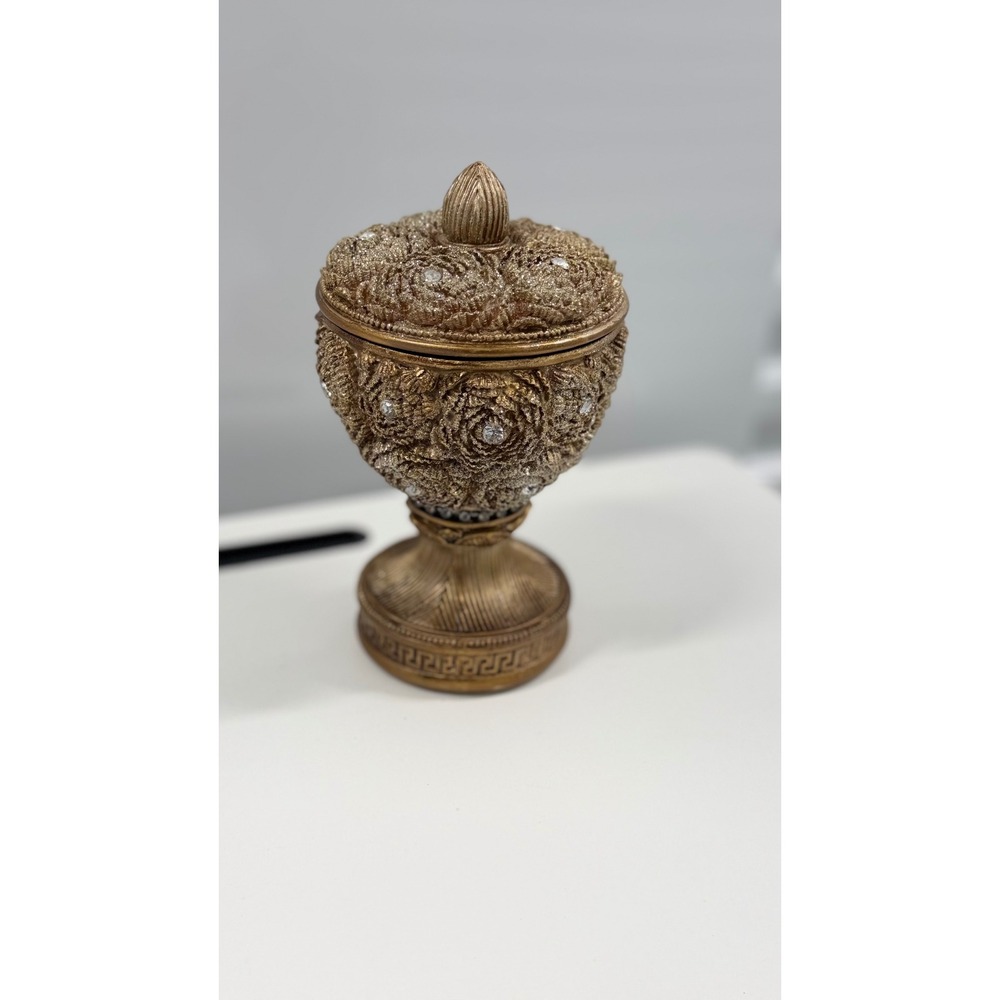 Gold Floral Rhinestone Lidded Urn Decorative Pedestal Jar Greek Key Base 10in